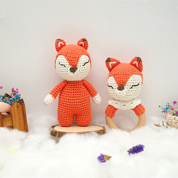 Handmade: Cotton Knit Sensory Fox Duo. Engaging Exploration for Little Ones