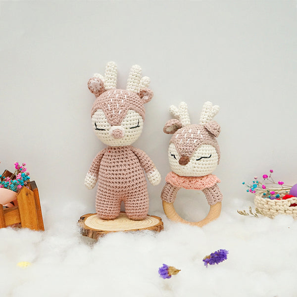 Handmade: Cotton Knit Sensory Reindeer Duo. Engaging Exploration for Little Ones