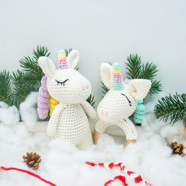 Handmade: Cotton Knit Sensory Unicorn Duo. Engaging Exploration for Little Ones