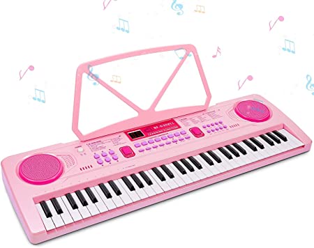 Kompaktes, tragbares Digitalpiano mit 61 Tasten, Ständer und Mikrofon - ideal für Anfänger in Rosa